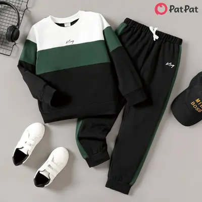 PatPat 2pcs Kid Boy Colorblock Letters Graphic Long-sleeve Sweatshirt and Drawstring Pants Set
