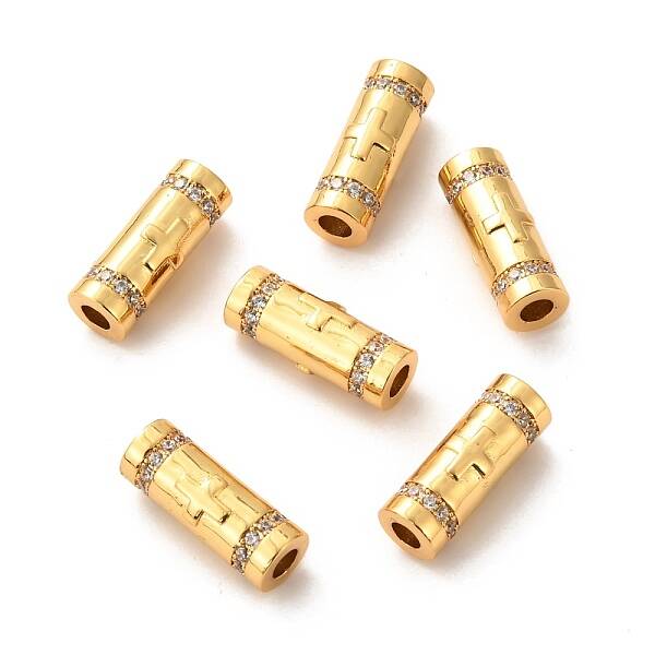 Brass Micro Pave Clear Cubic Zirconia Tube Beads