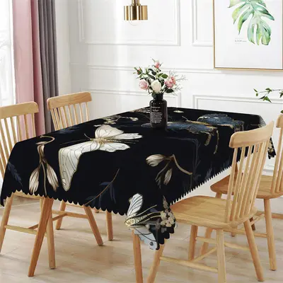 Golden Butterfly Floral Black Rectangle Tablecloth - Aperturee