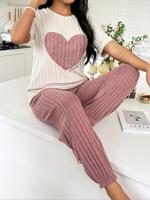 Women's Heart Print & Letter Embroidery Top & Elastic Waist Pants Pyjama Set, Round Neck Short Sleeve Tee & Ribbed Trousers P...
