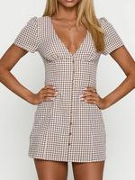 Women's Plaid Print V Neck Shirt Dress, Casual Short Sleeve Button Dress for Daily Wear, Ladies Clothes for All Seasons