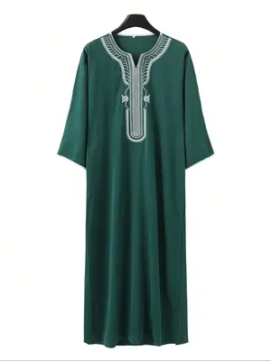Men's Ethnic Pattern Embroidered Thobe, Modest Loose Kaftan Robe, Muslim Clothing for Daily Wear