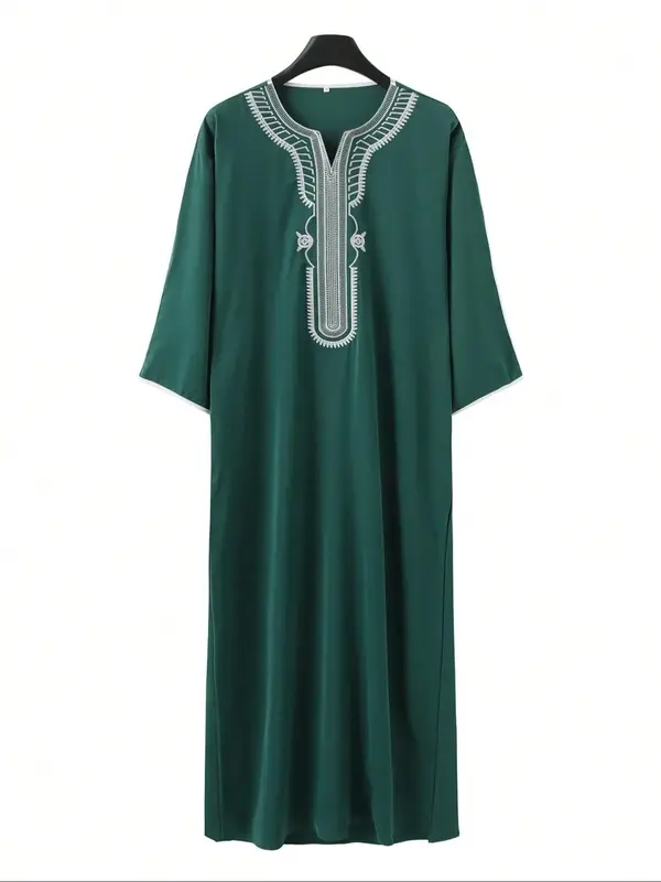 Men's Ethnic Pattern Embroidered Thobe, Modest Loose Kaftan Robe, Muslim Clothing for Daily Wear
