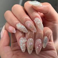 Flower Pattern Short Almond Fake Nail, 24pcs/set Glitter Glossy Full Cover Removable Press on Nail with Nail File & Jelly St...