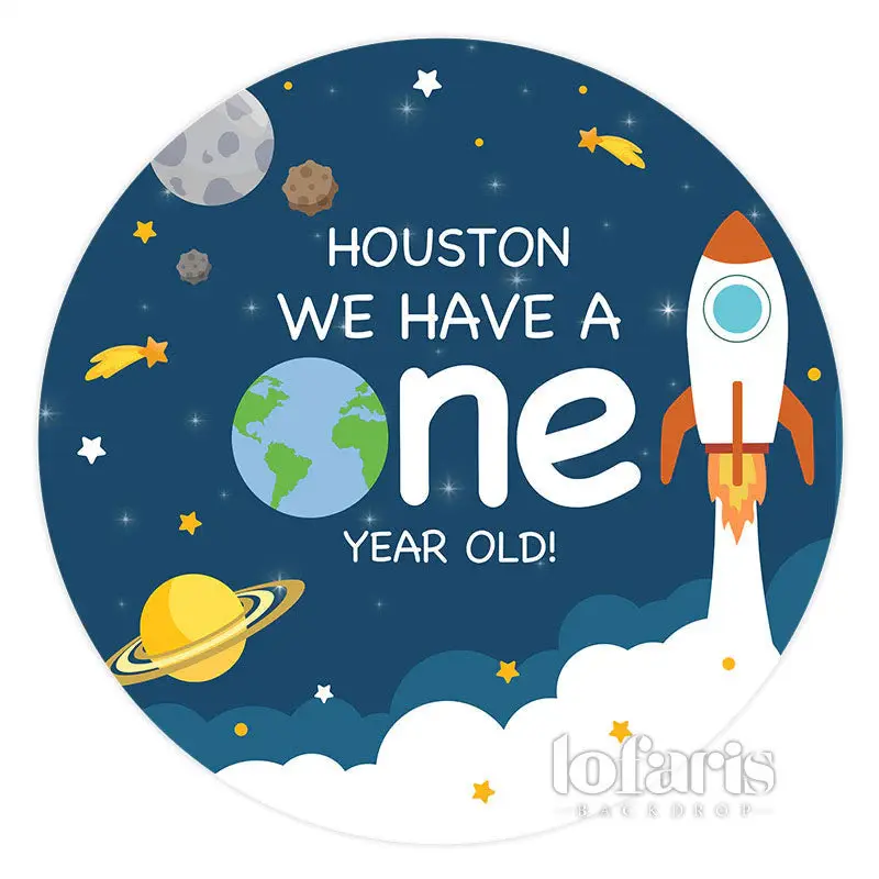 Aperturee Houston Space Circle Happy 1St Birthday Backdrop | Round Backdrop Fabric Cover | Circle Birthday Backdrop Cover | B...