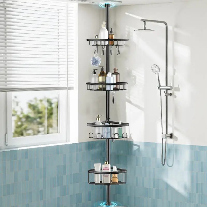 Main Corner Shower Caddy Tension Pole – 4 Tier Adjustable Stainless Steel Rustproof Shower Caddy Organizer, No-Drill Tensio...