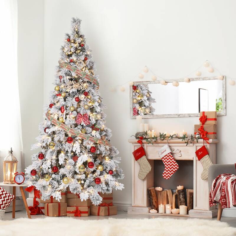 Garvee 7.5ft Christmas Tree with 320 LED Lights, Snow Flocked PVC Pre-Lit Xmas Tree with Metal Stand & Pine Cones, 1030 Branc...