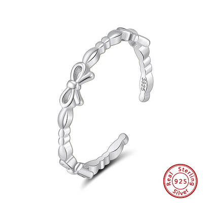 Rhodium Plated Bowknot 925 Sterling Silver Open Cuff Rings for Women
