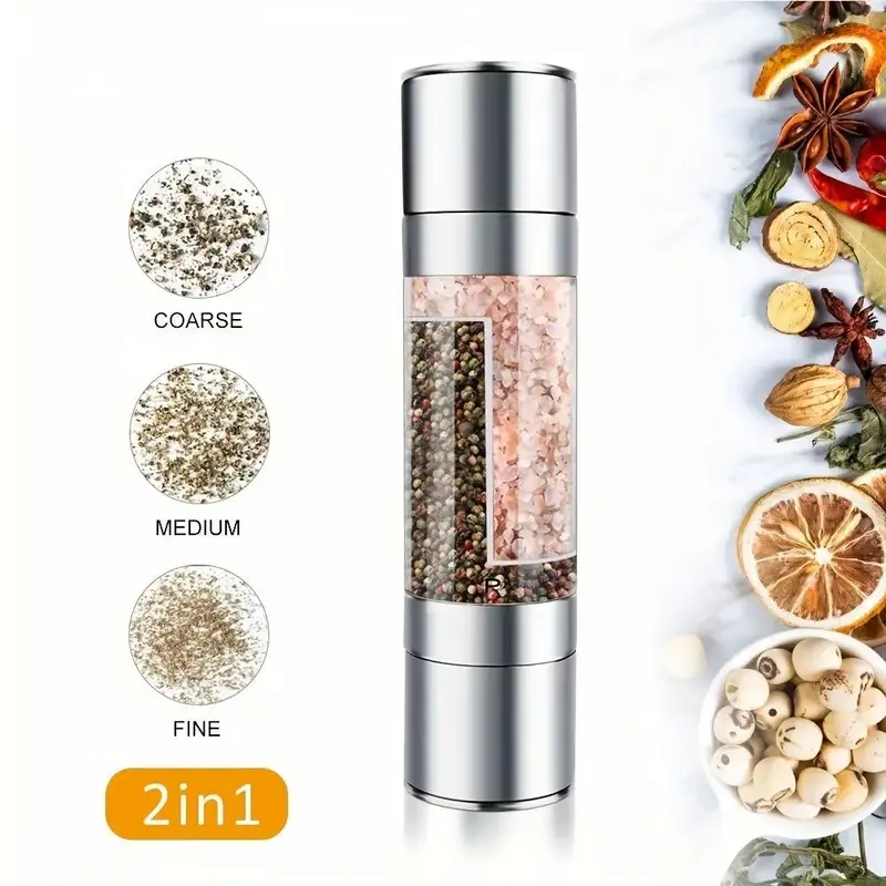 2 In 1 Double Head Pepper Grinder, 1 Count Stainless Steel Manual Salt Grinder, Kitchen Accessories, Kitchen Seasoning Utensi...