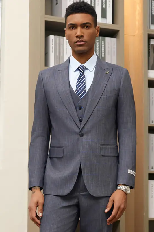 Mens Stacy Adams Suit - Stacy Adams Suit Men's Grey & Blue Windowpane Plaid Suit - One Button Vested Peak Lapel