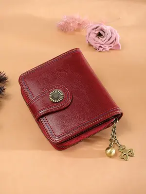 Genuine Leather Women's Solid Color Short Wallet, Fashion Zipper Design Multi Card Bifold Wallet, Female Vintage Classic Bag ...