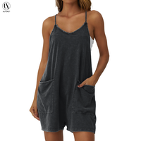 AUTOMET Fade Craft Loose Romper- Vintage Acid Wash Womens Sleeveless Casual Summer Spaghetti Strap Overalls Shorts Jumpsuit w...