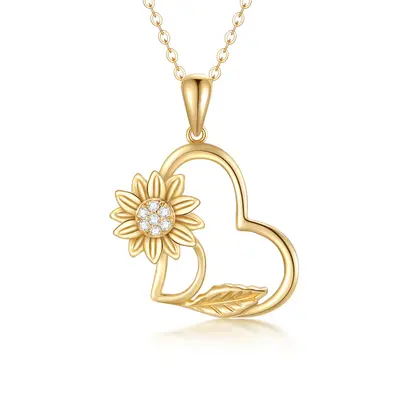 14K Gold Moissanite Sunflower & Heart Pendant Necklace