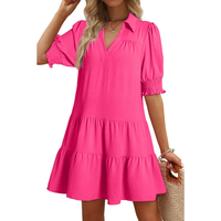 Dokotoo Casual Dresses for Women Lapel Collared V Neck Mid Sleeved Pleated Summer Dresses for Women 2025 Midi Dresses