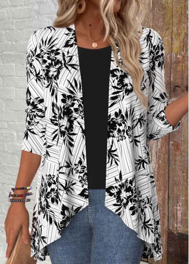 Modlily Black Floral Print 3/4 Sleeve Light Cardigan - L