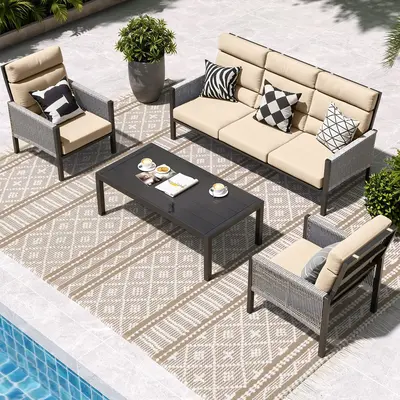 ă2 Packages ShippingăYODOLLA Aluminum Patio Furniture Set, High Back Outdoor Sectional Sofa, 4 Pieces Modern Conversation...