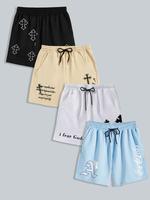 Men's Letter & Cross Print Drawstring Waist Shorts, Casual Baggy Regular Fit Pocket Elastic Waist Graphic Shorts, Shorts for ...