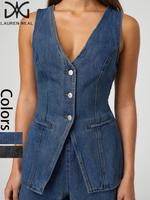Women's Denim Shorts & Button Denim Tank Top Two-piece Set, Casual Sleeveless Top & Shorts for Summer, Ladies Clothes for Dai...