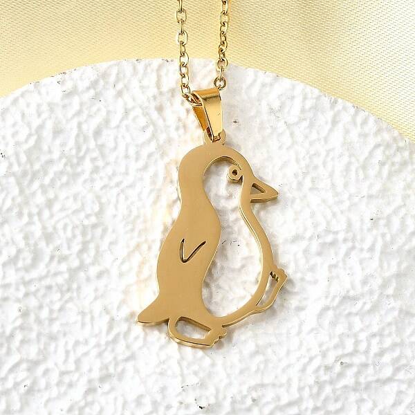 304 Stainless Steel Laser Cut Penguin Pendant Necklaces for Women Men