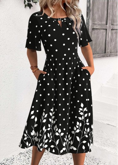 Modlily Black Polka Dot Half Sleeve Round Neck Dress - M