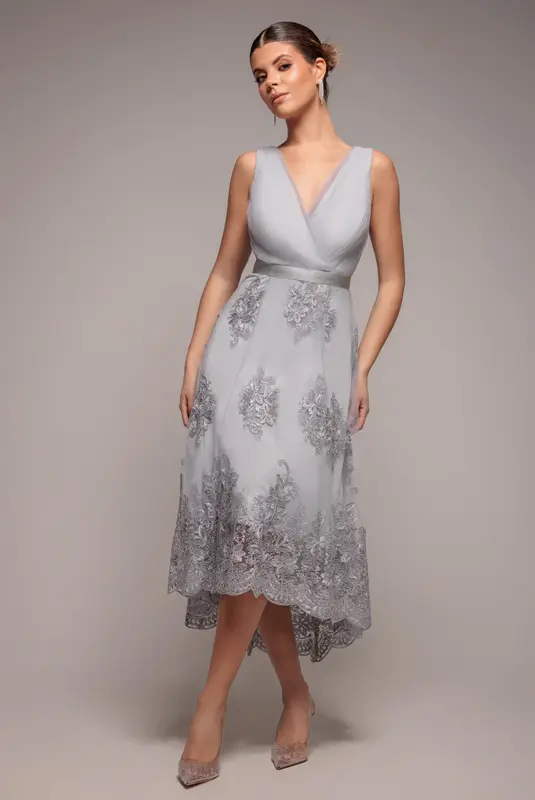 Goddiva Pleated Satin Bodice High And Low Dress - Gray