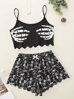 Women's Halloween Skull Print Summer Lounge Co-ord Set, Casual Crop Cami Top & Bow Front Elastic Waist Shorts, Halloween Paja...