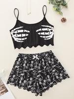 Women's Halloween Skull Print Summer Lounge Co-ord Set, Casual Crop Cami Top & Bow Front Elastic Waist Shorts, Halloween Paja...