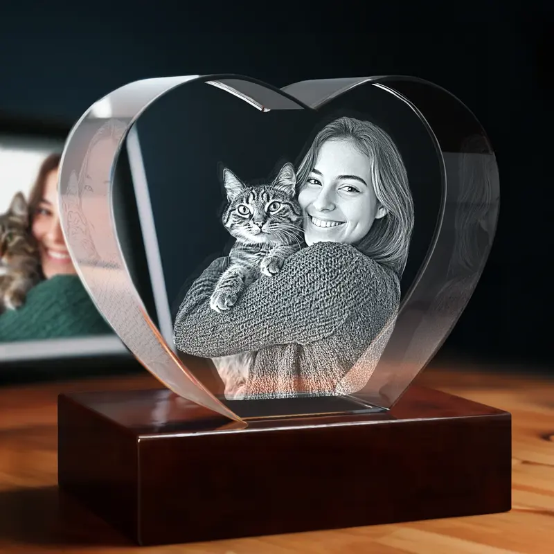 3D Memory Crystal™ - Tabletop - Heart - Pet Lovers-4K HD / Mini