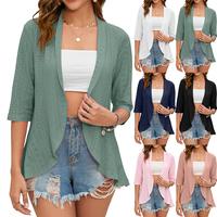 Langdadu 2023 Summer New Solid Color Cardigan Coat Three-Quarter Sleeve Ruffle Top Women Casual Leather women's summer tops w...
