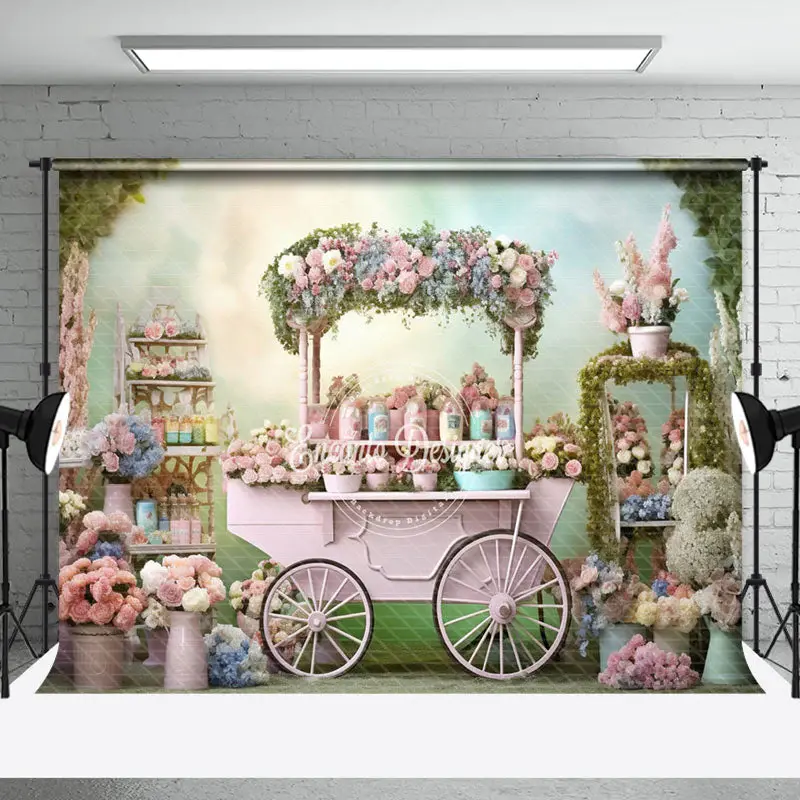 Pink Cart Floral Soft Leaf Spring Backdrop For Photo - Aperturee