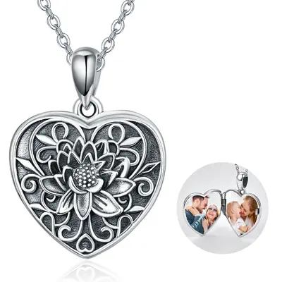 Sterling Silver Lotus & Heart Personalized Photo Locket Necklace