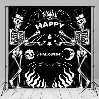Black White Funny Skeleton Happy Halloween Backdrop - Aperturee