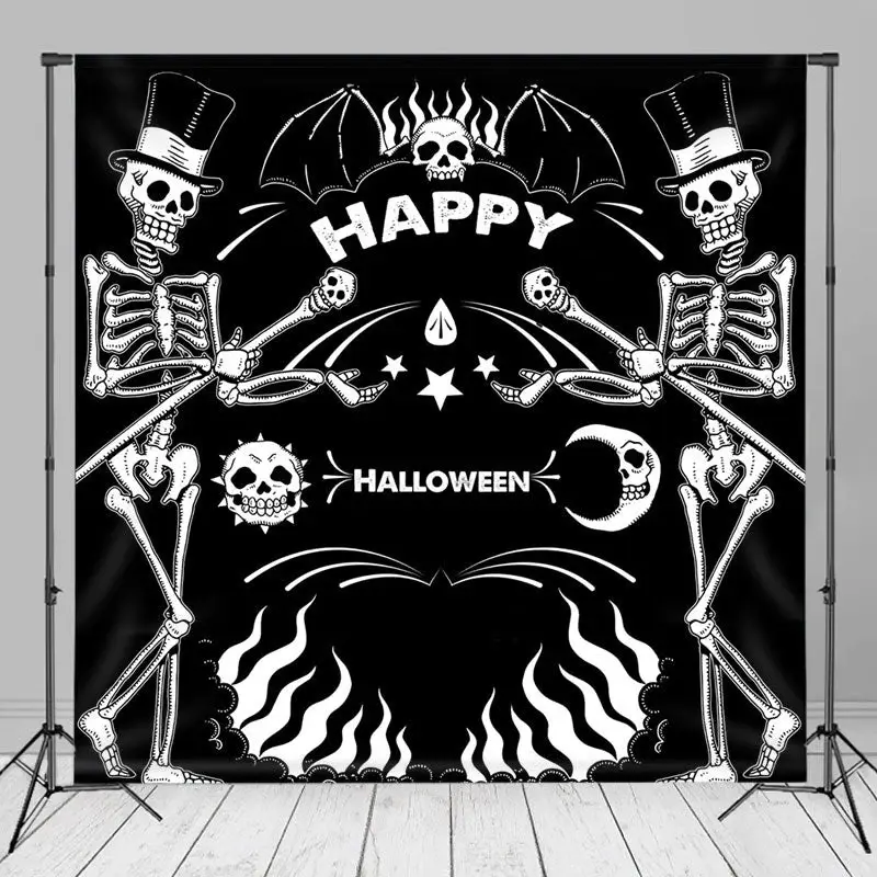 Black White Funny Skeleton Happy Halloween Backdrop - Aperturee