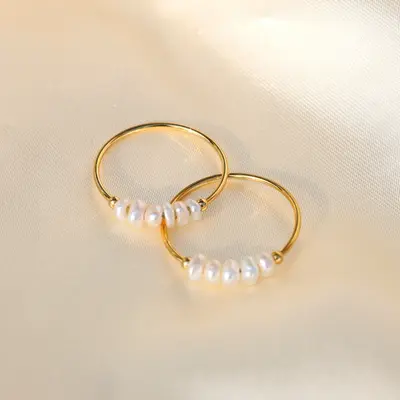 Perlvoya Genuine Pearl Quick Chic Ring with AAA Freshwater Keshi Pearl, Water Proof Jewelry, 18k Gold PVD Coating on Stainles...