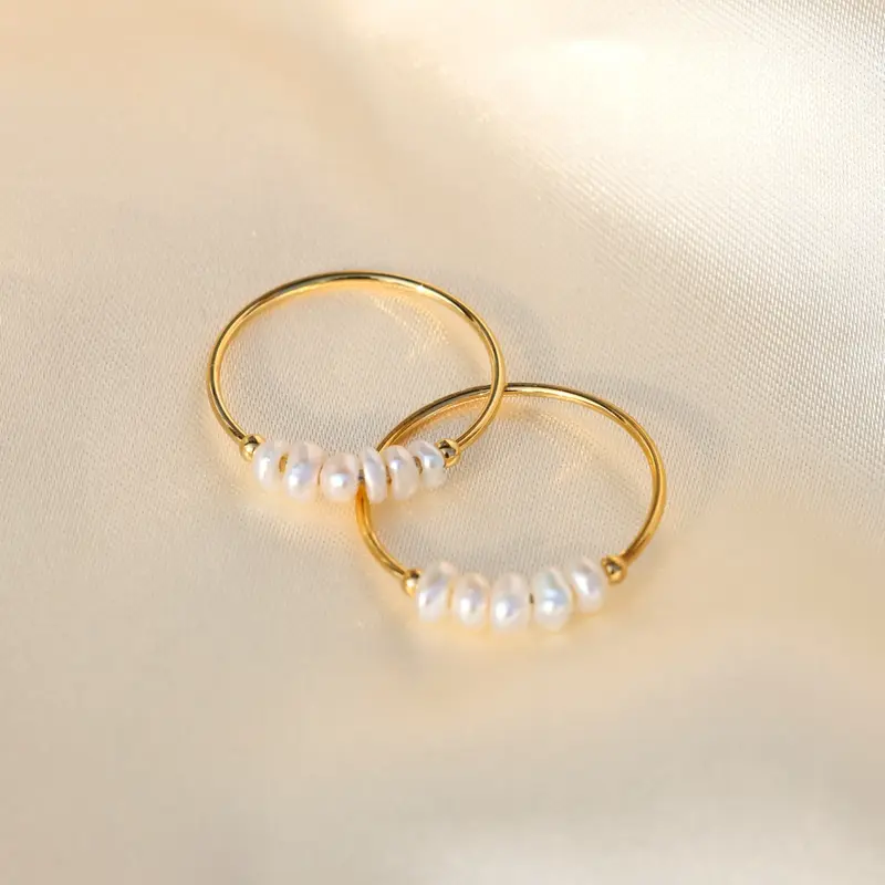Perlvoya Genuine Pearl Quick Chic Ring with AAA Freshwater Keshi Pearl, Water Proof Jewelry, 18k Gold PVD Coating on Stainles...