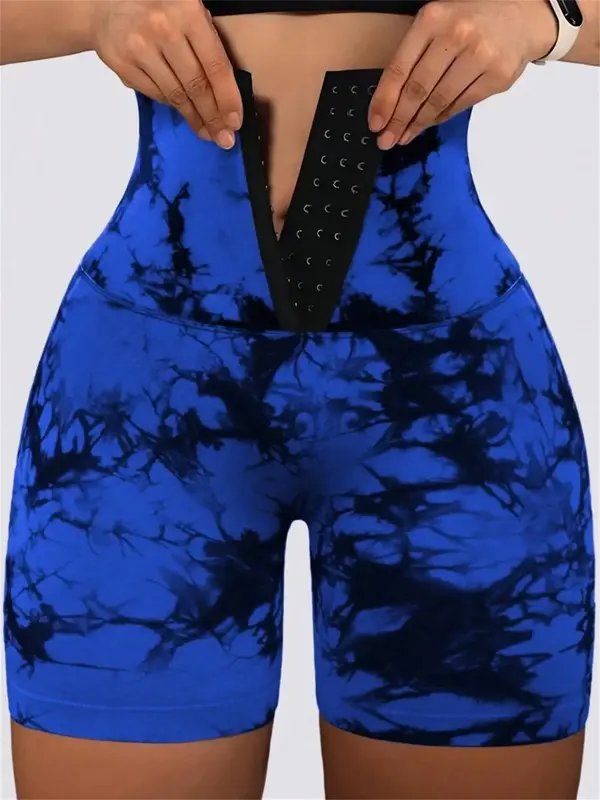 Women's Tie Dye Print Adjustable Hook and Eye High Waist Sports Leggings, Sporty High Stretch Skinny Tummy Control Shorts, B...