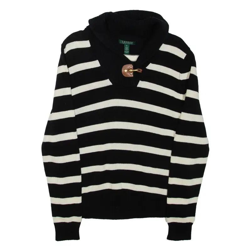 LAUREN RALPH LAUREN Womens Patterned Jumper Black Striped High Neck Tight Knit M