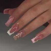 Flower Decor Fake Nails with Nail File & Tape, 24pcs/set French Style Long Square Press on Nails for Women & Girls DIY Nail A...