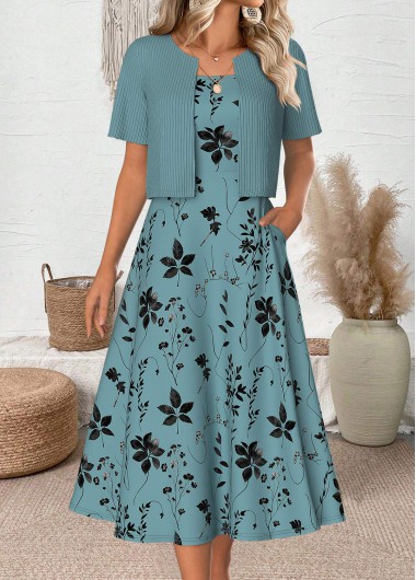 Modlily Cyan Leaf Print 3/4 Sleeve Dress and Cardigan - XXL