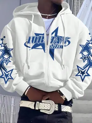 Men's Star & Letter Print Drop Shoulder Thermal Lined Zip Up Hoodie, Street Y2K Casual Regular Fit Drawstring Pocket Hooded J...