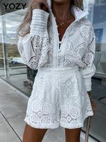YOZY Women's Plain Button Front Fabric Top & Shorts Two-Piece Set, Fitted Elegant Top & Shorts for Daily Wear, Ladies Spring ...