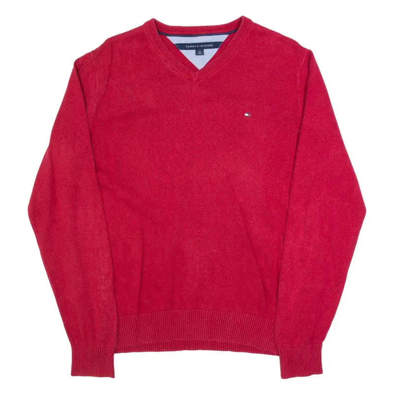 TOMMY HILFIGER Mens Jumper Red V-Neck Tight Knit S