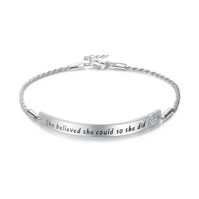 Sterling Silver Circular Shaped Cubic Zirconia Heart Identification Bracelet with Engraved Word