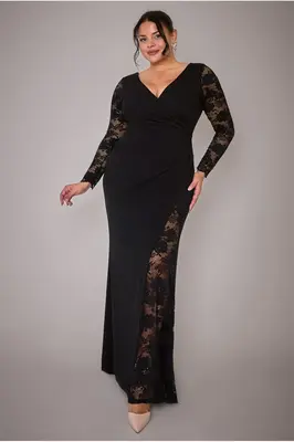 Goddiva Plus Scuba & Lace Wrap Maxi Dress - Black
