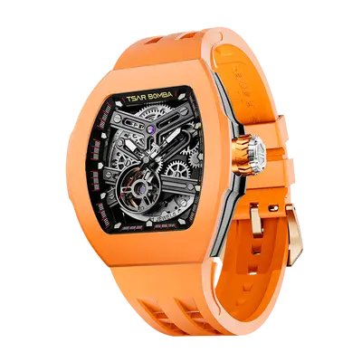 TSAR BOMBA Men's Automatic Skeleton Watch | Interchangeable Luxury Design | Orange | Atomic TB8218 | Fluororubber
