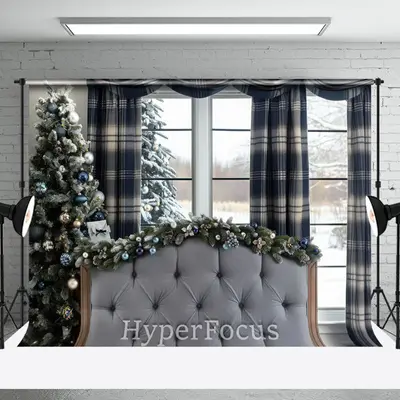 Blue Plaid Curtain Bed Tree Christmas Vibe Backdrop - Aperturee