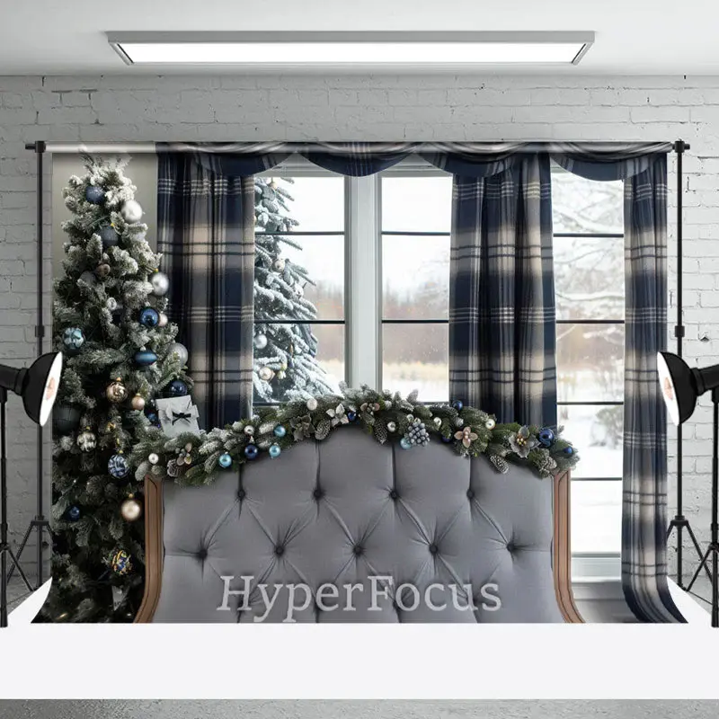 Blue Plaid Curtain Bed Tree Christmas Vibe Backdrop - Aperturee