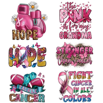 6pcs Fight Breast Cancer Theme Heat Transfer Sticker, Washable Heat Press Transfer Sticker, DIY Iron On Sticker For T-Shirt, ...