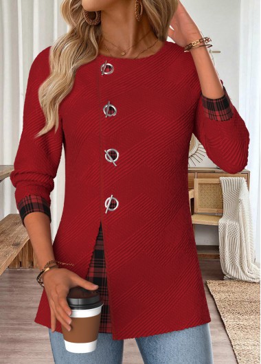 Modlily Wine Red Tummy Coverage Plaid Long Sleeve Blouse - L