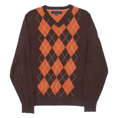 TOMMY HILFIGER Mens Patterned Jumper Brown Argyle V-Neck Tight Knit S